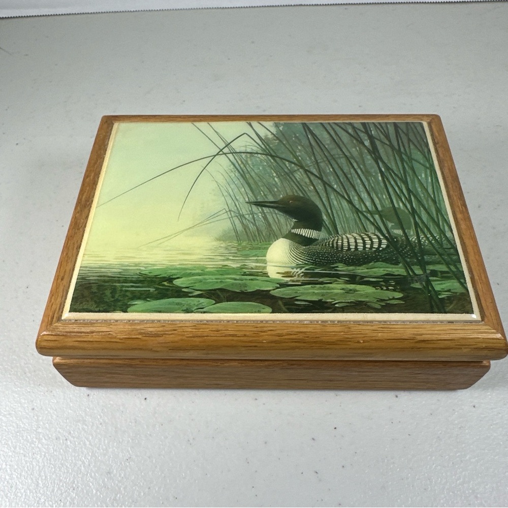 Wood Trinket Box With Pair Of Loons Red Velvet Lined 6.75”x5”